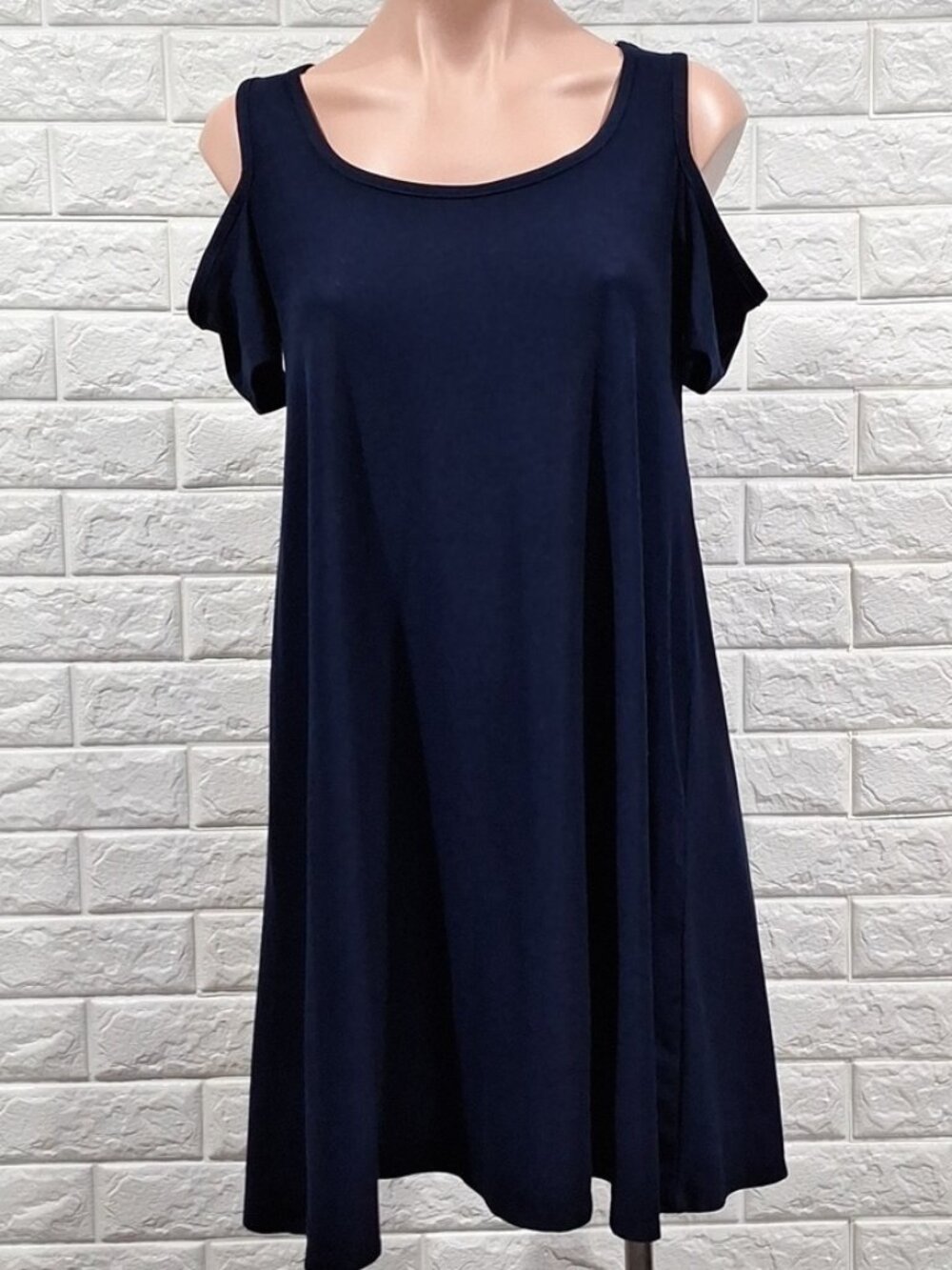 Soft Navy Shift Dress with Cold Shoulder Short Sleeves